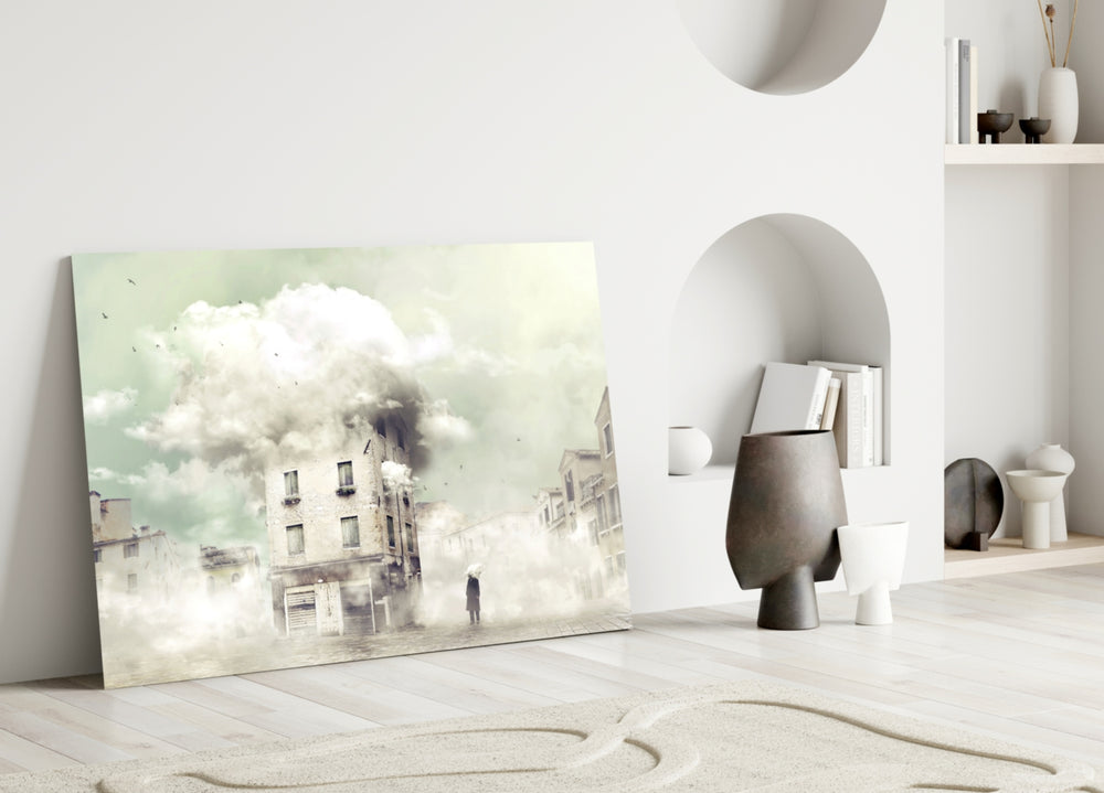 Fog glass wall art styled above a console in a living room
