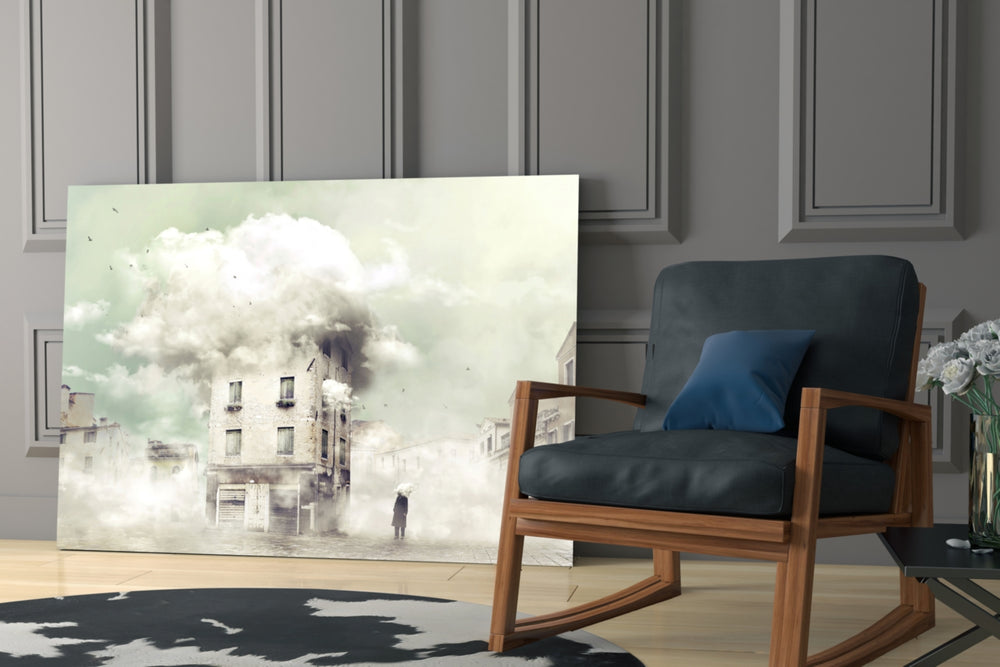 Fog artwork anchoring a wall with dreamy contemplative palette