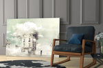 Fog artwork anchoring a wall with dreamy contemplative palette