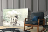 Fog artwork anchoring a wall with dreamy contemplative palette