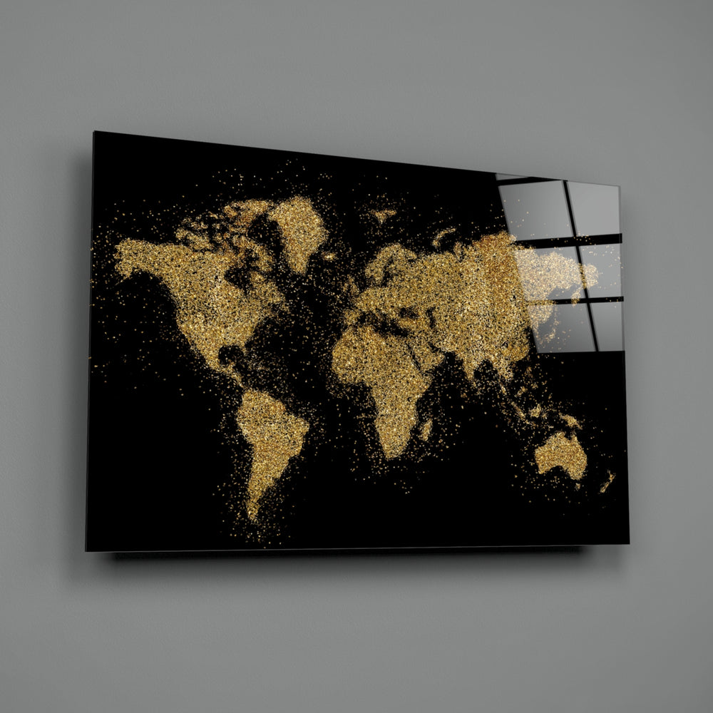 World Map close-up showing gold-glitter continents on velvet black