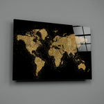 World Map close-up showing gold-glitter continents on velvet black