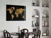 World Map glass print enhancing a dining room with cinematic drama