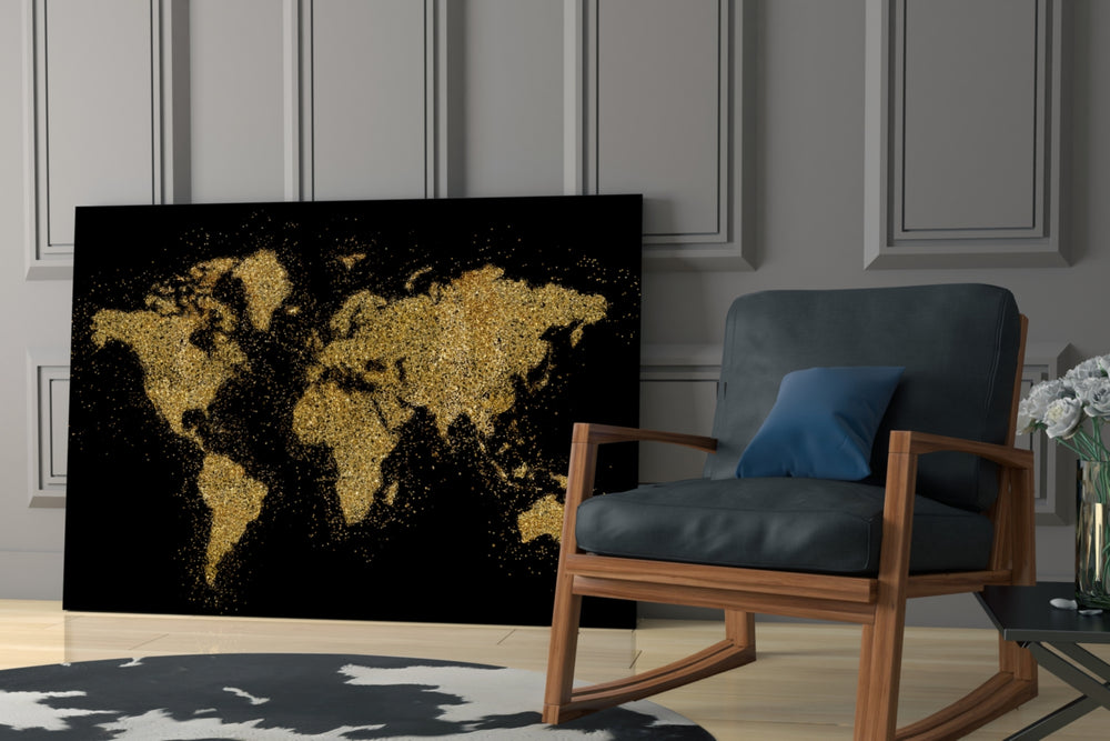 World Map artwork anchoring a wall with bold luxury palette