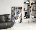 Abstract glass print enhancing a bathroom with cinematic drama