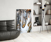 Abstract glass print enhancing a bathroom with cinematic drama