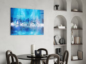 Abstract glass print enhancing a bedroom with cinematic calm