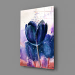 Tulip close-up showing navy-violet bloom in watercolor splash