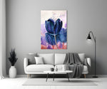 Tulip glass wall art styled above a bed in a master bedroom