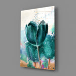 Tulip close-up showing turquoise-teal bloom in watercolor splash