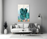 Tulip glass wall art styled above a credenza in a living room