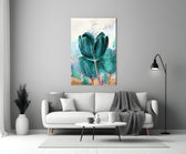 Tulip glass wall art styled above a credenza in a living room