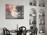 Abstract glass print enhancing a bathroom with cinematic warmth