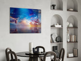 Landscape glass print enhancing a hallway with cinematic mood