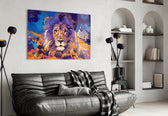 Lion panel adding editorial mood to a gaming room