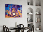 Lion glass print enhancing an office with cinematic drama
