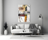Abstract glass wall art styled above a console in a hallway
