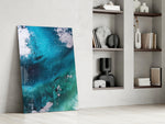 Colors of Abstraction artwork anchoring a wall with serene coastal palette