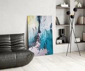 Colors of Abstraction glass print enhancing a bathroom with cinematic mood