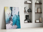 Colors of Abstraction artwork anchoring a wall with serene coastal palette