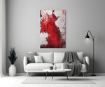 Colors of Abstraction glass wall art styled above a credenza in a living room