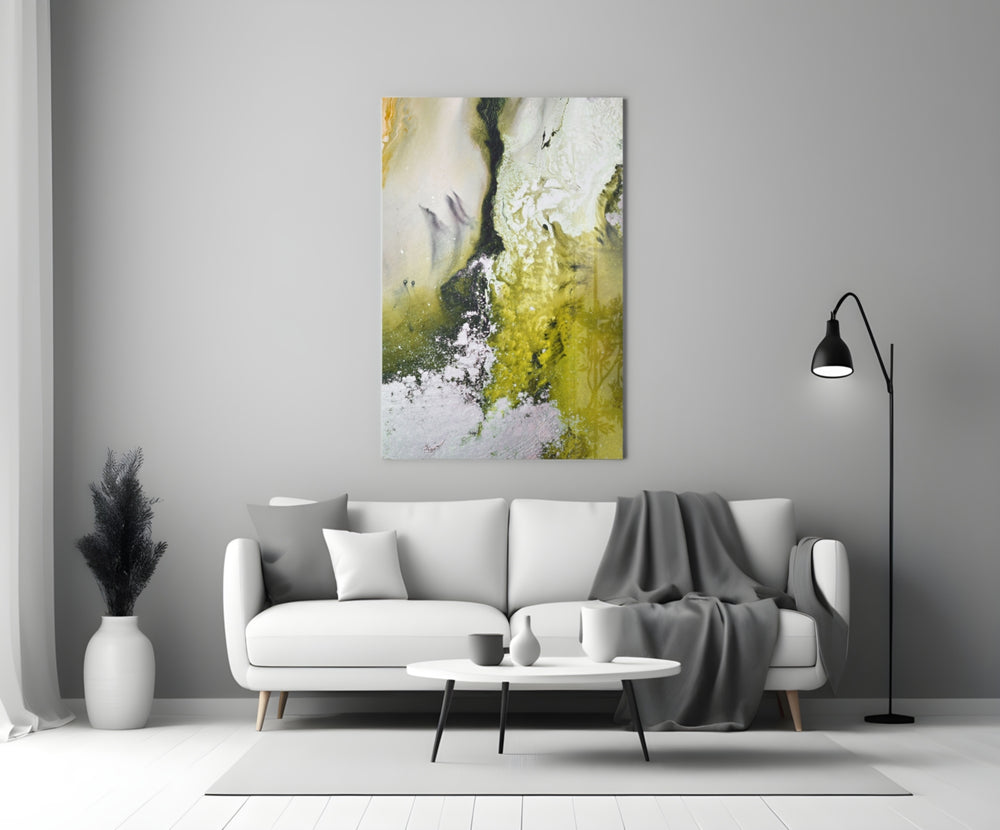 Colors of Abstraction glass wall art styled above a credenza in a hallway