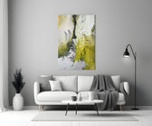 Colors of Abstraction glass wall art styled above a credenza in a hallway