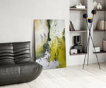 Colors of Abstraction glass print enhancing a bathroom with cinematic warmth