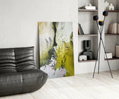 Colors of Abstraction glass print enhancing a bathroom with cinematic warmth