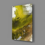 Colors of Abstraction close-up showing chartreuse and burnt amber pour on cream