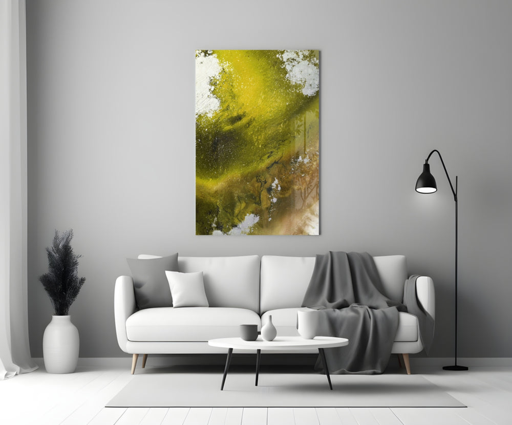 Colors of Abstraction glass wall art styled in a living room