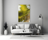 Colors of Abstraction glass wall art styled in a living room