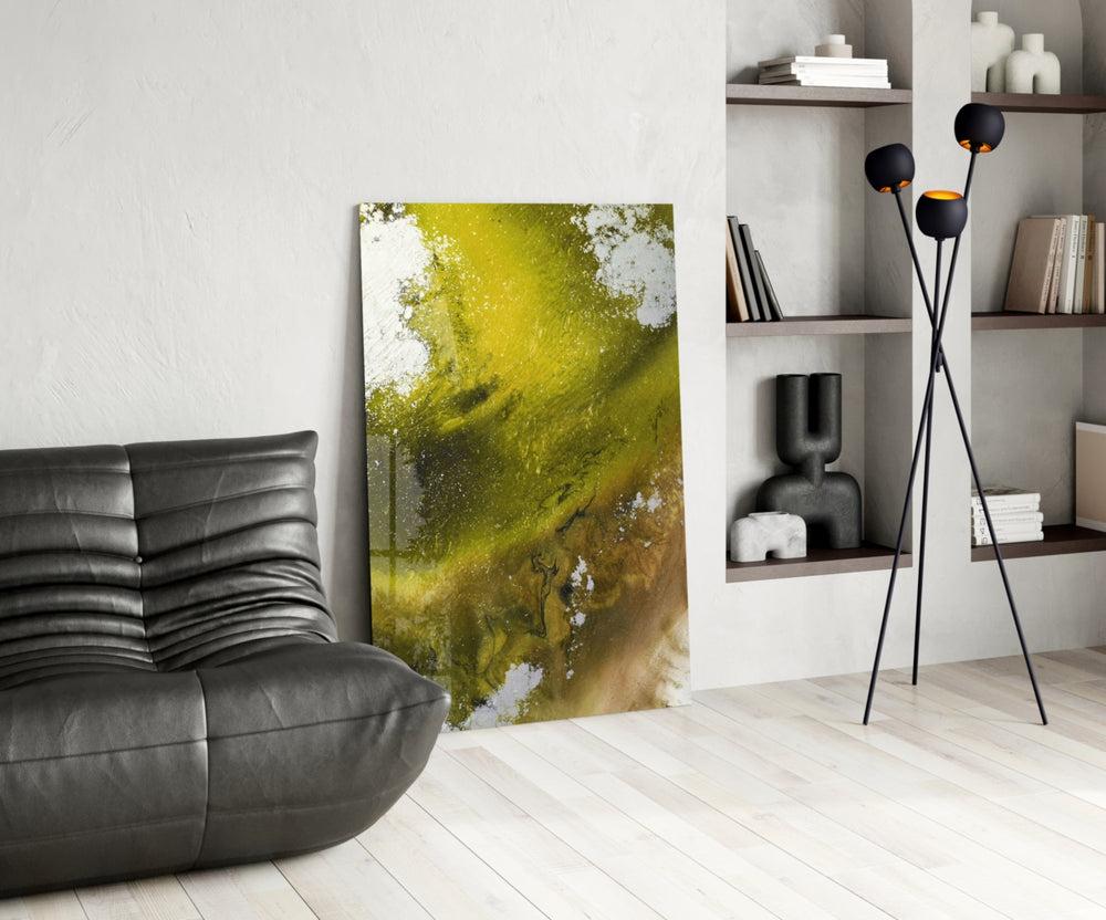 Colors of Abstraction glass print enhancing an office with cinematic warmth