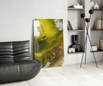 Colors of Abstraction glass print enhancing an office with cinematic warmth