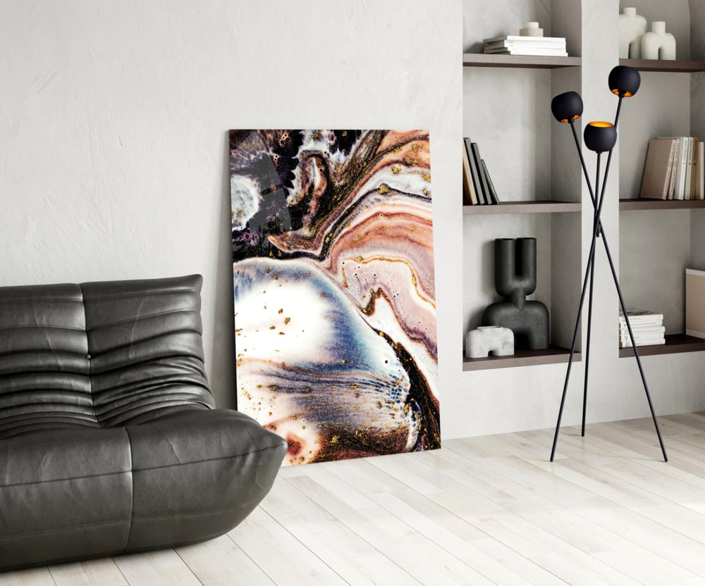 Abstract glass print enhancing a bathroom with cinematic warmth