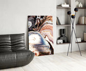Abstract glass print enhancing a bathroom with cinematic warmth