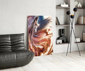 Marble glass print enhancing a bathroom with cinematic warmth