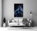 Deep Thought glass wall art styled in a bedroom