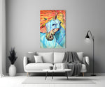 Horse glass wall art styled above a credenza in a kids room