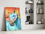 Horse artwork anchoring a wall with bold energetic palette