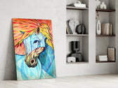 Horse artwork anchoring a wall with bold energetic palette