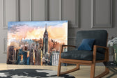 New York City artwork anchoring a wall with serene urban palette