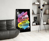 You Are More Capable glass print enhancing a bedroom with cinematic drive