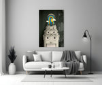 Rainbow Machine glass wall art styled above a credenza in a living room