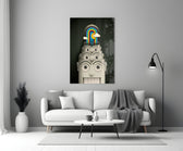 Rainbow Machine glass wall art styled above a credenza in a living room