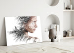 Woman Bird glass wall art styled above a credenza in a bedroom