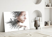 Woman Bird glass wall art styled above a credenza in a bedroom