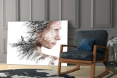 Woman Bird artwork anchoring a wall with serene contemplative palette