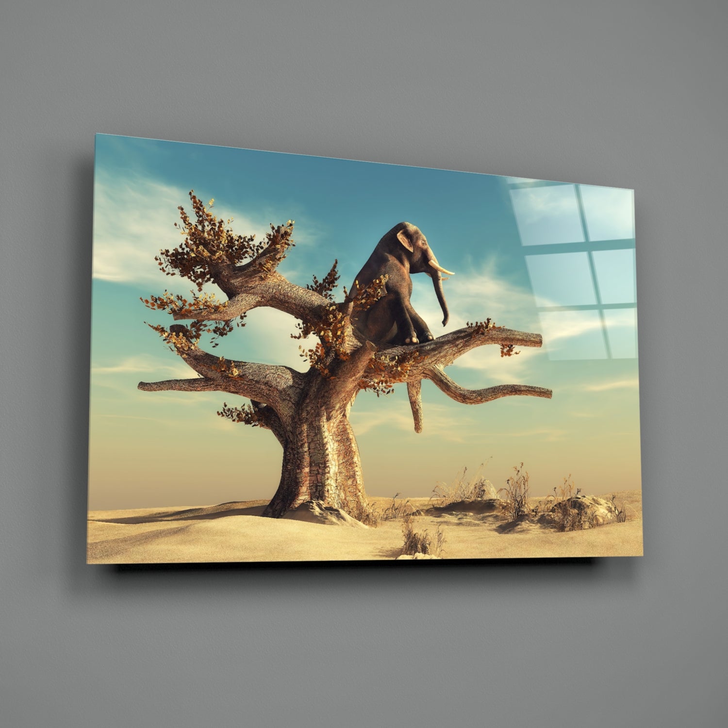 Thinking Elephant Glass Wall Art.