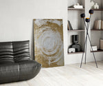 Abstract Loop glass print enhancing a bedroom with cinematic warmth